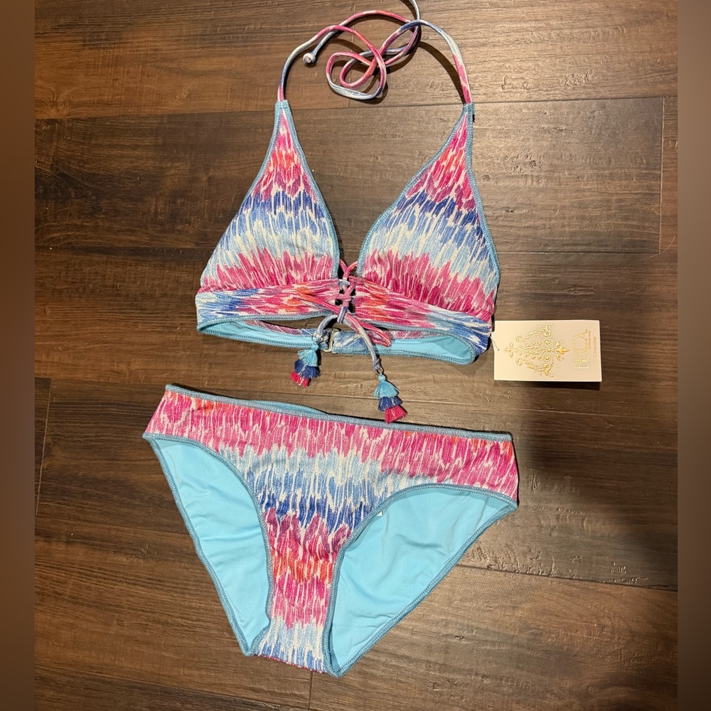 Becca Ikat Print Bikini Set M | Lace Up Halter | Ruched Bottoms | NWT
